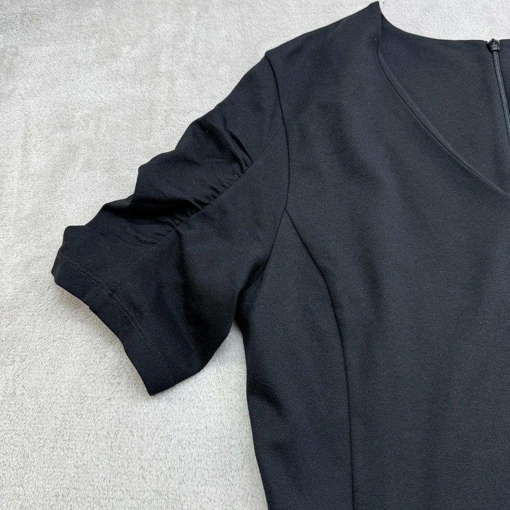 Cabi Sheath Dress Womens M Black Ruched Short Sleeve V-Neck Ponte Sophisticated